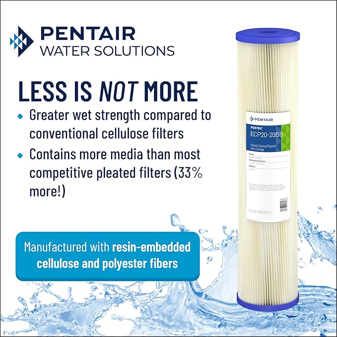Pentair Pentek ECP5-20BB Big Blue Sediment Water Filter, 20-Inch, Whole House Heavy Duty Pleated Cellulose Polyester Replacement Cartridge, 20" x 4.5", White End-Cap, 5 Micron
