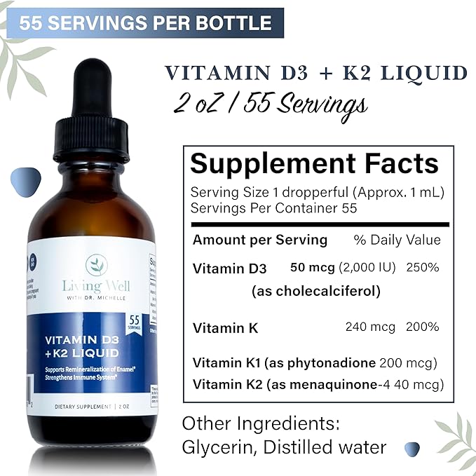 Liquid Vitamin D3 2000 IU with K2 + K1 – Immune & Bone Support Supplement – Dentist-Developed for Strong Teeth, Bones & Calcium Absorption – Non-GMO, Gluten-Free, Soy-Free – Pleasant Tasting – 2 oz
