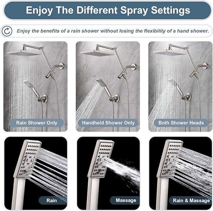BRIGHT SHOWERS High Pressure Rain Shower Head Combo with Double Extension Arm, 8 Inch Rainfall Shower Head with Handheld Spray, Height Adjustable Dual Square Showerhead Set, Brushed Nickel