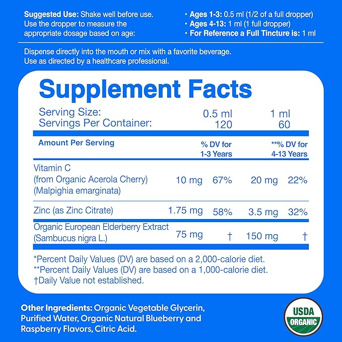 Elderberry for Kids Liquid Drops with Vitamin C & Zinc - 2oz - Children and Toddler Immune Support Supplement USDA Organic Sambucus Elderberry Extract Ages 1-13 Years - Made in USA - 2 fl oz