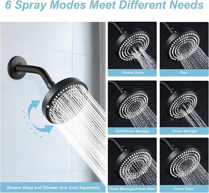 OFFO Shower Head, High Pressure Shower Head with 6 Mode, Fixed Showerheads for Strong Water Flow & Relaxing Shower Experience, Matte Black