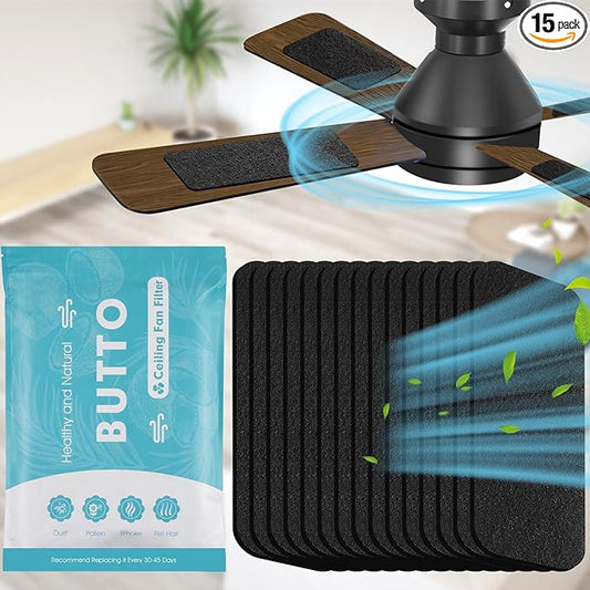 Butto 15-Pack Ceiling Fan Filters for Blades - Strong Adhesive Ceiling Fan Filters for Common Household Contaminants - Unscented Coconut Carbon Fan Air Purifier Pads to Make Air Fresh and Natural
