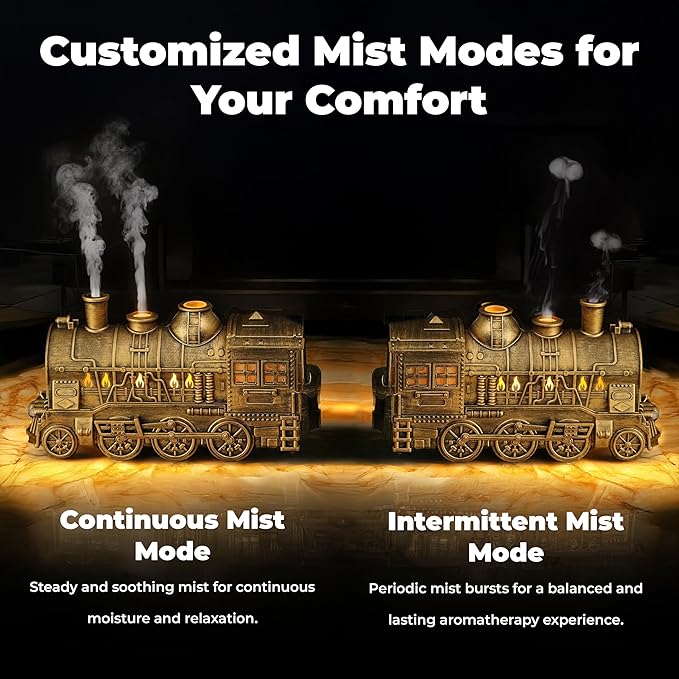 OMEO Gold Small Train Aromatherapy Humidifier & Essential Oil Diffuser - Dual Mist, Quiet Ultrasonic, 300ML Tank, Remote Control, LED Light, Air Purifier for Home, Office, and Bedroom Use