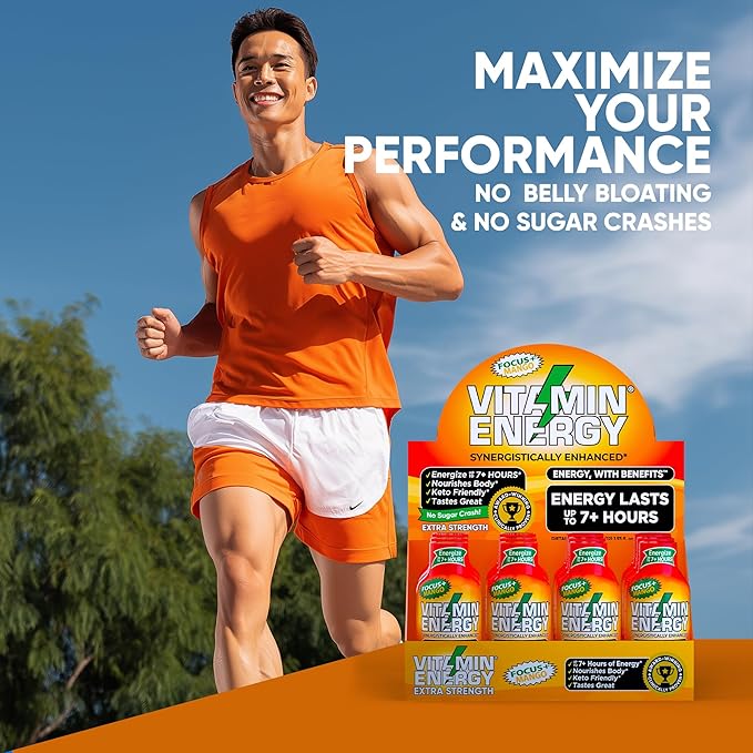 Vitamin Energy Focus+ Extra Strength Energy Shot Mango 12 Pack, 260mg Natural Caffeine, B-Vitamins, CoQ10, Amino Acids, Focus, Productivity & Clarity, Zero Sugar, Gluten-Free, 1.93 fl oz