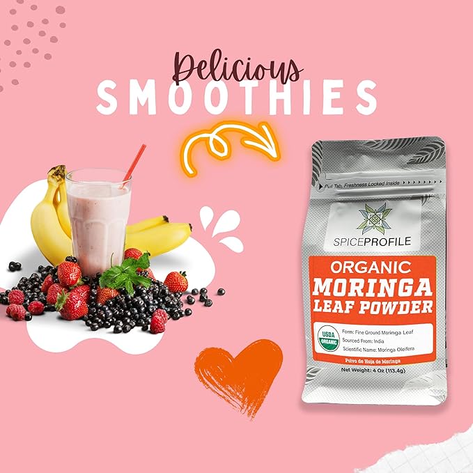 Spice Profile USDA Organic Moringa Powder, Lab Tested for Heavy Metals, Resealable 4 oz Pouch, Moringa Patta Powder, Polvo de Hoja de Moringa