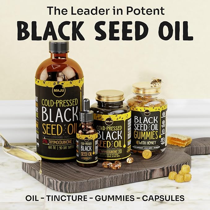 MAJU's Black Seed Oil Gummies with Honey 90ct, 500mg BSO Gummy, Black Cumin Seed Nigella Sativa Oil, Cold-Pressed, Potent Formula, 90ct (2-Pack)