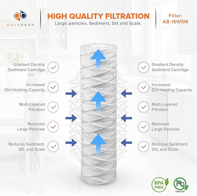 Aquaboon Whole House 5 Micron 10 x 2.5 String Wound Sediment Water Filter Cartridge Replacement Compatible with Well Water Filter WHKF-WHSW, 6-Pack