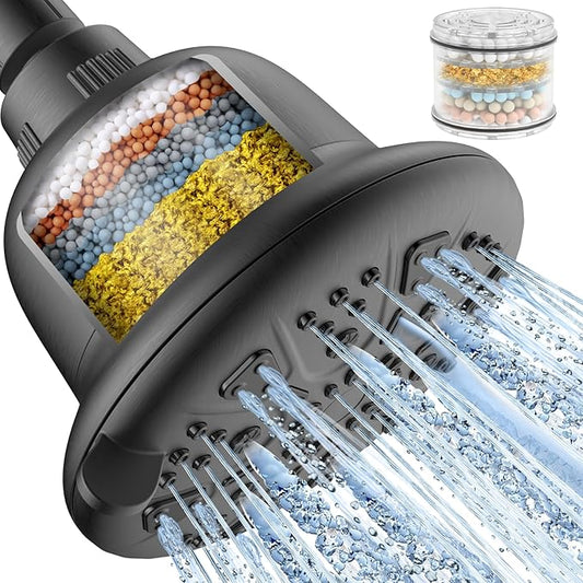 Filtered Shower Head - High Pressure Shower Head with filter for Hard Water - Rain Shower Head Water Softener - Luxury 7 Settings Adjustable Water Filter Showerhead Body Sprays (Gray)