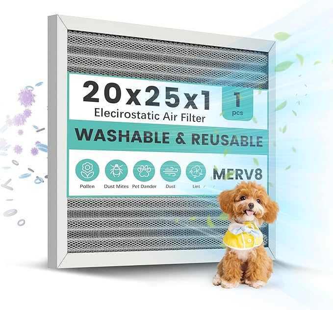 20x25x1 Electrostatic Air Filter Washable Reusable, HVAC AC Furnace Filter, MERV 8, Lasts a Lifetime, Air Conditioner Filter Replacement for Home Office (Actual Size:19.75x24.65x0.82 Inch)