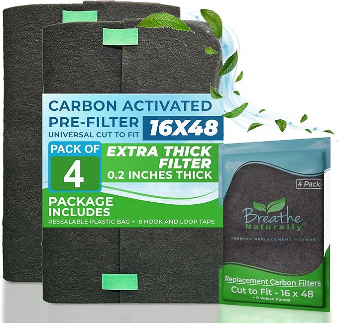 Breathe Naturally Universal Cut To Fit Carbon Activated Air Filter - Replacement Charcoal Filters - Pre Filter Carbon Sheet for Air Purifier, Vent Filters & More - Packed in USA (Pack of 4, 16x48)