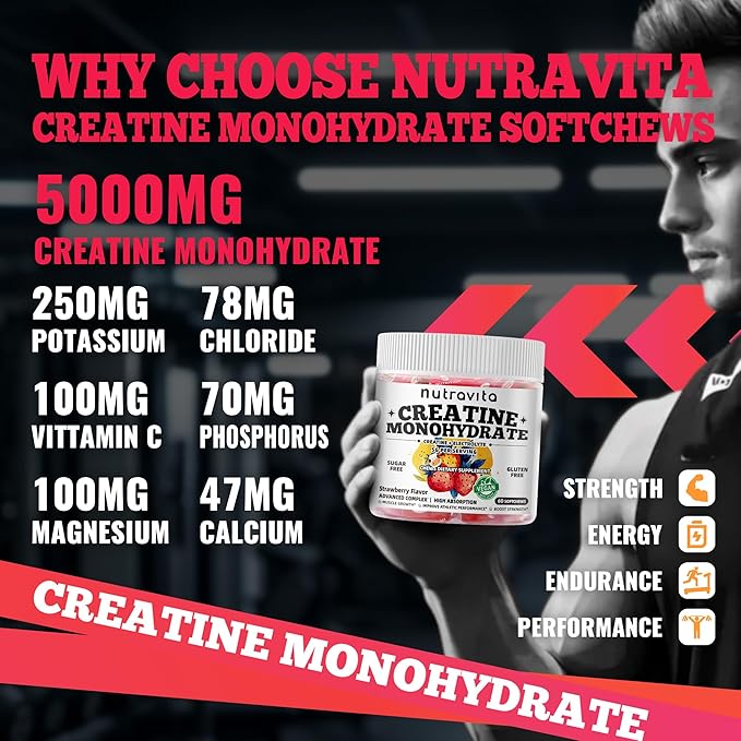 Creatine Monohydrate Chews (5g) – Pre-Workout Energy & Muscle Growth Support for Men & Women | Strawberry Electrolyte Gummies (60 Count)