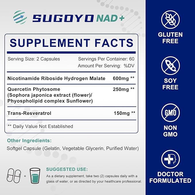 NAD+ Supplement 1000mg Liposomal Nicotinamide Riboside Enhanced with Resveratrol & Quercetin, Anti-Aging & Energy Boost, NMN Alternative, NAD Supplement for Women & Men (60 Count (Pack of 1))