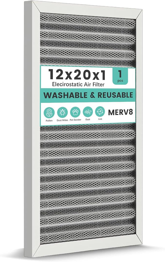 12x20x1 HVAC Furnace Air Filter, Reusable Washable Electrostatic Furnace Filter, MERV 8, Lasts a Lifetime, Breathe Fresher, Home And Office (Actual Size:11.69x19.8x0.8 Inch)