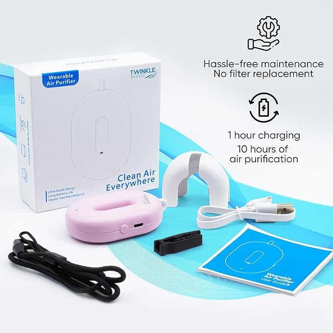 Wearable Air Purifier Necklace - Portable Personal Ionizer - Rechargeable Travel-Size Air Cleaner - Removes Dust Allergen Odor Viruses Bacteria - Use in Office Airplane Train Bus - For Kids and Family