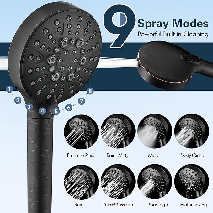 BRIGHT SHOWERS Filtered Shower Head with Handheld, High Pressure 9 Spray Mode Showerhead with Long Hose and Bracket, Water Softener Filters Beads for Hard Water - Removes Chlorine, Oil-Rubbed Bronze