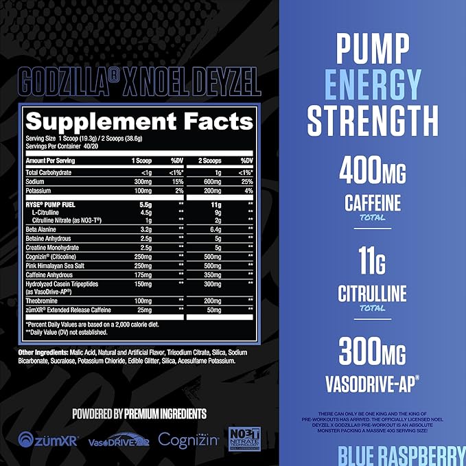 RYSE Godzilla X Noel Deyzel Pre Workout Powder - Blue Raspberry - 400mg Caffeine, High Stim Pre-Workout for Men & Women with Citrulline & Beta Alanine - Energy, Pump & Focus - 20/40 Servings