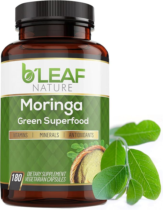 B'LEAF NATURE Organic Moringa Pure Capsules 1000mg, 180 Count – Moringa Capsules with Organic Olefeira Powder for Immune Support, Energy & Balance – Vegan, Non-GMO Supplements for Daily Wellness