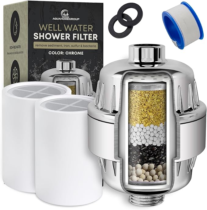 AquaHomeGroup Well Water Shower Head Filter (2 Cartridges Included) – Minimizes Rust Stains & Sediment – 5-Stage System with KDF 55, Zeolite & Ceramic Filter Media