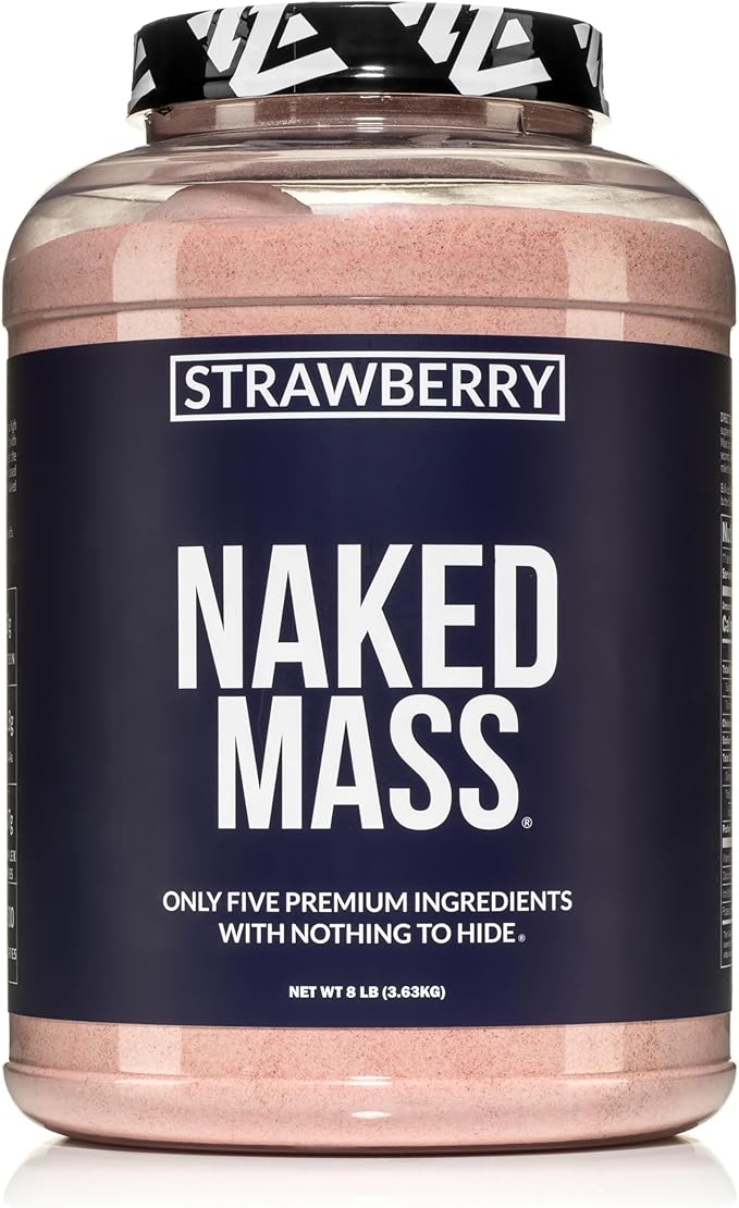 NAKED Strawberry Mass - 1,500 Calories, 50G Protein, Nothing Artificial. Strawberry Weight Gainer Protein Powder - 8lb Bulk, GMO Free, Gluten Free & Soy Free