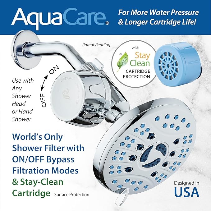 AquaCare Skin & Hair - World's Most Advanced Shower Filter for Fixed or Handheld Shower Heads with ON/OFF Filtration Modes, Instant Cartridge Reload & Stay-Clean Enriched KDF Cartridge/Chrome Finish