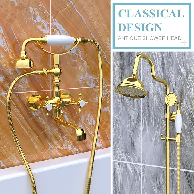 HOMEDEC Traditional Telephone Style Brass Handheld Showerhead with 59inch Hose Gold Finish - Antique Shower Head Replacement No Wand Holder, Vintage Hand Shower Spray with Ceramic Handle