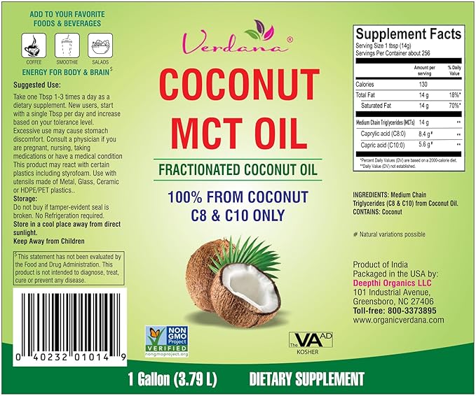 Verdana MCT Oil, Fractionated, 100% from Coconut - 1 Gallon - Kosher Food Grade, Vegan, Non-GMO - Great for Keto and Paleo Diet, Oil Pulling Oral Rinse Mouthwash (128 Fl Oz)