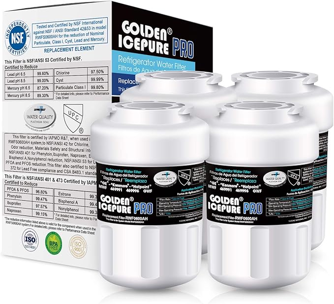 GOLDEN ICEPURE Replacement for GE SmartWater FMG-1, WFC1201, MWFA, MWFP, PF8, RWF1060, Kenmore 469991, GWF, GWFA, RWF0600A, GSE25GSHECSS, 197D6321P006 Refrigerator 4PACK