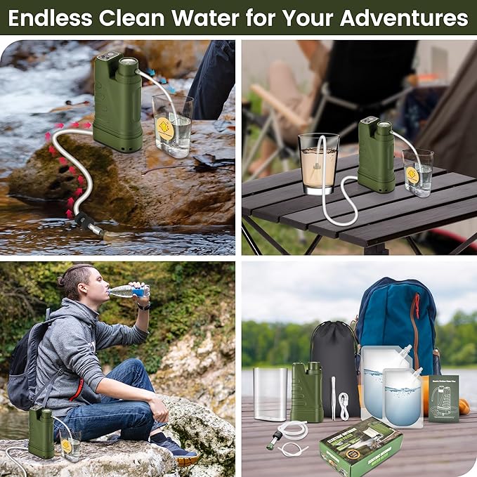 Electric Portable Water Filter Survival,Fast Flow,Lightweight,4-Layer Filtration Provide Better Tasting,Reusable Water Purification System for Outdoor Travel,Camping,Hiking,Backpacking