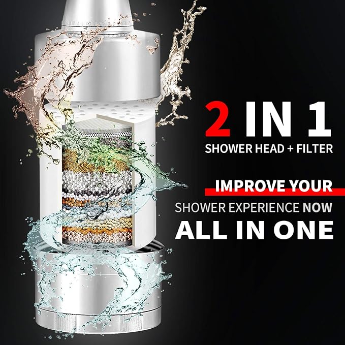 BathBeyond Shower Filter Head 2-in-1 Vitamin C 15 Stage High Output Water Filter With cartridge for Hard Water - Removes Chlorine Fluoride and Improves The Condition of Your Skin, Hair (Nickel)