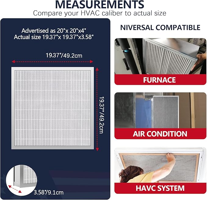 20x20x4 Washable Electrostatic Air Filter, MERV 8 Aluminum AC/HVAC Furnace Filter, Reusable Permanent Air Filter, Lasts a Lifetime, Increases Airflow（Actual Size:19.37"x 19.37"x3.58")
