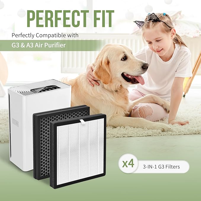 4-Pack G3 H13 HEPA Replacement Filter Compatible with AMEIFU G3 Air Pu-rifier (Sferf-30) and VEWIOR A3 Air Pu-rifier, G3 H13 HEPA Filter with 3-IN-1 High-Efficiency Filtration