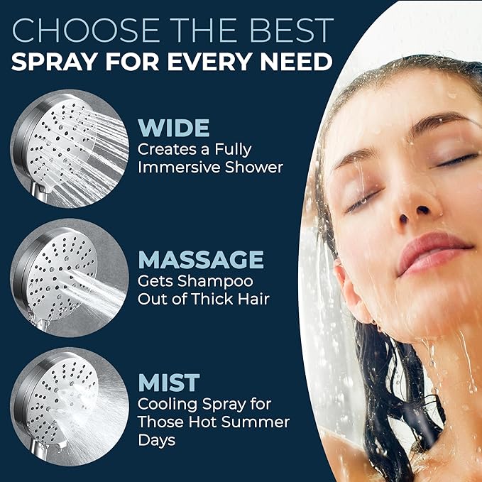 HammerHead Showers® Solid Metal 3-Spray Handheld Shower Head with Long Hose and Holder - BRUSHED NICKEL - 2.5 GPM High Pressure Shower Head with Handheld Sprayer - WIDE, MASSAGE, and MIST Sprays