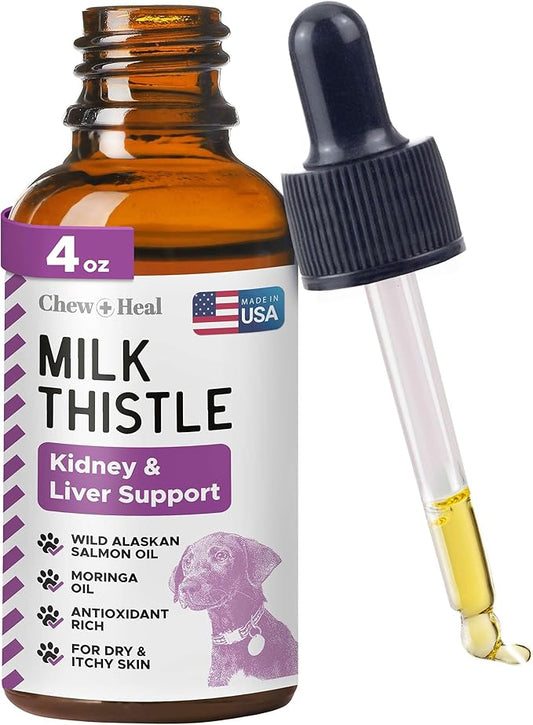 Milk Thistle for Dogs Liver Support - 4 oz Liquid Milk Thistle Supplement for Kidney and Liver Support - with Wild Alaskan Salmon Oil and Moringa Oil - Made in USA