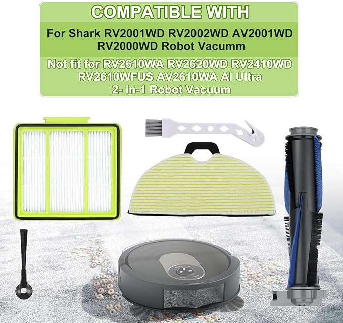 RV2000WD Replacement Parts for Shark RV2002WXUS RV2002WD RV2001DRUS RV2001WD AV2001WD Mop Brush Filter Kit with Shark AI Robot Vacuum Cleaner, 1 Brushroll, 2 Filters, 4 Mop Pads, 6 Side Brushes