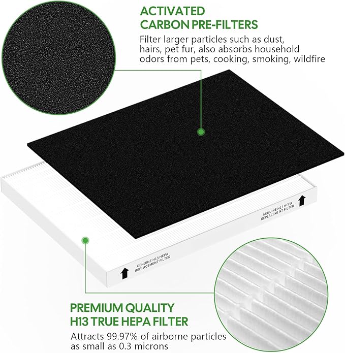 2 Pack Replacement Filter for Fellowes AeraMax 190/200/DB55/DX55 Purifier, Fits Part# 9287101 & 9324101, 2 Filter and 6 Carbon Filter