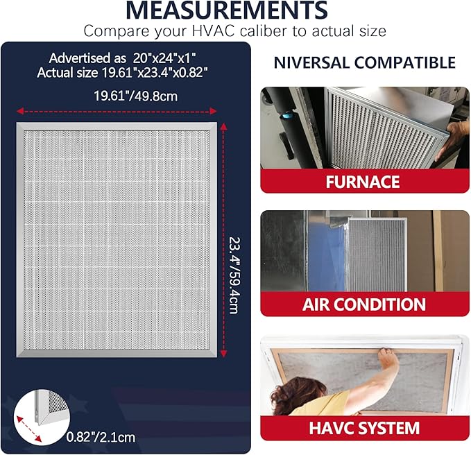 20x24x1 Electrostatic Air Filter, MERV 8 Washable & Reusable Aluminum AC/HVAC Furnace Filter, Lifetime Permanent Air Filter, Easy to Clean, Increases Airflow(Actual Size:19.37x 19.37x3.58)