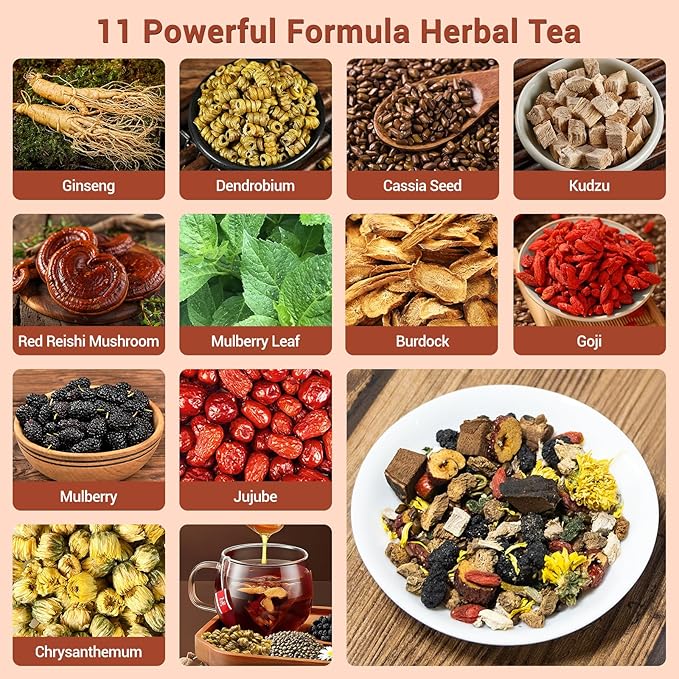 Liver Detox Tea, Liver Cleanse Detox & Repair Tea, 11 Precious Ingredients Formula, with Premium Ginseng, Mulberry & Chrysanthemum, Plastic-Free, Caffeine-Free, No Additives & Non-GMO(30 Bags/2 Pack)