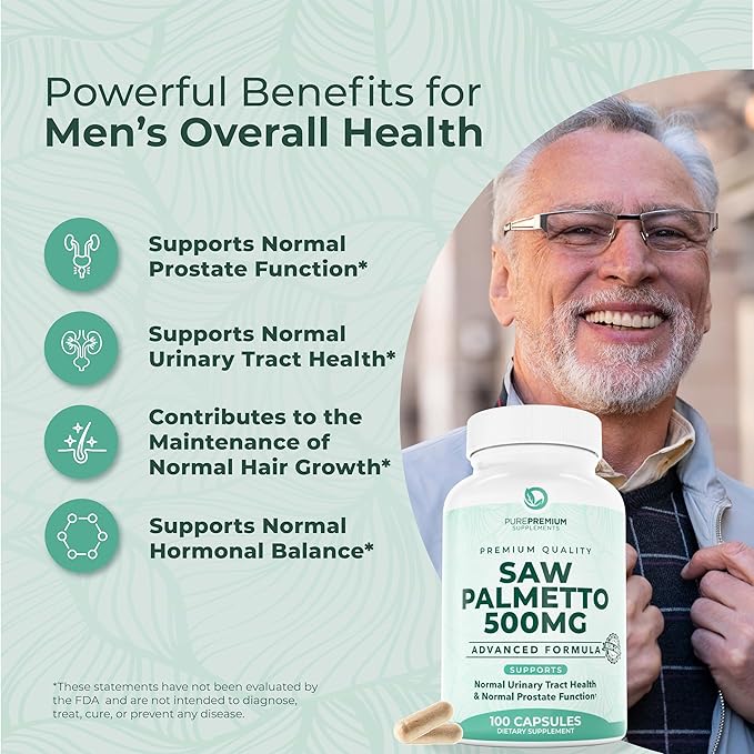 PurePremium Saw Palmetto 500 mg for Men/Women – Maximum Strength Saw Palmetto Extract | Powder Capsules Supplement - Support Normal Urinary Tract, Prostate Health/Hair - 3 Months Supply - 100 Tablets