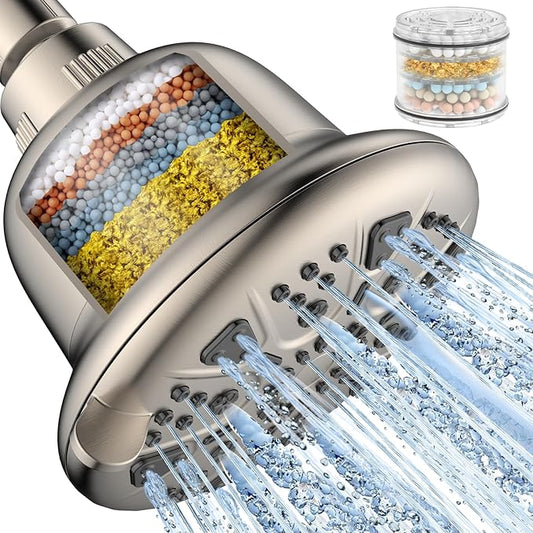Filtered Shower Head Brushed Nickel - High Pressure Shower Head with Filter for Hard Water Softener - 7 Settings Bathroom Rain Showerhead to Remove Chlorine and Heavy Metals