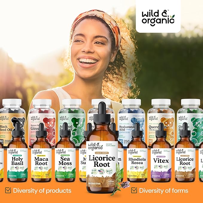 Wild & Organic Licorice Root Tincture - Digestive, Lung & Skin Support - Licorice Root Extract Liquid Drops - Vegan, Sugar & Alcohol-Free Supplement - 4 fl oz