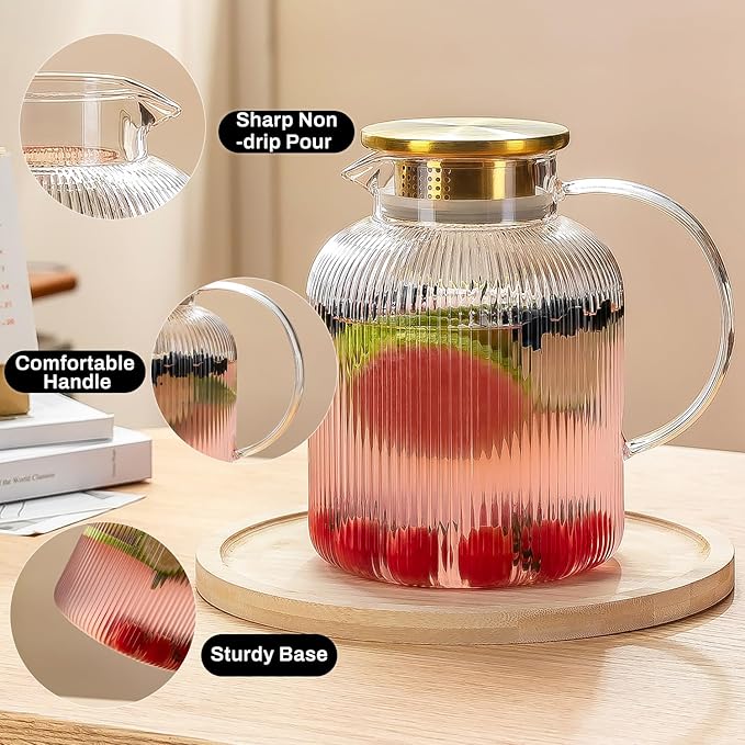 2 Liter 68 Ounces Glass Pitcher with Lid and Spout, Large Vertical Stripes Water Pitcher ribbed Borosilicate Glass Fridge Water Carafe for Cold Brew, Coffee, Lemonade, Sun Tea,Heat Resistant