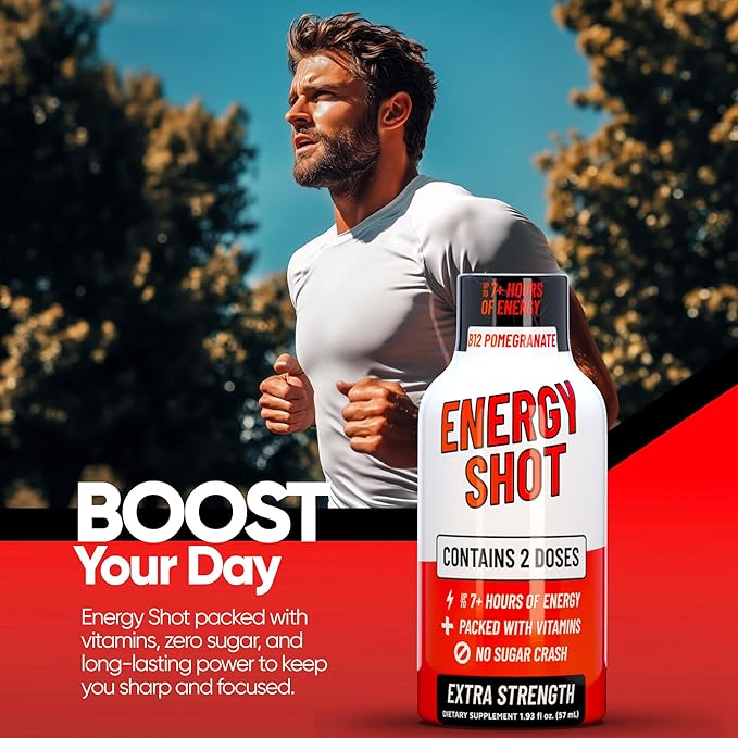 Energy Shot – 2 Servings – 100% DV B-Vitamins & 130mg Plant-Based Caffeine – Zero Calories, Sugar-Free, Vegan, Non-GMO – Energy & Productivity Support (1.93 Fl Oz (Pack of 24), Pomegranate)