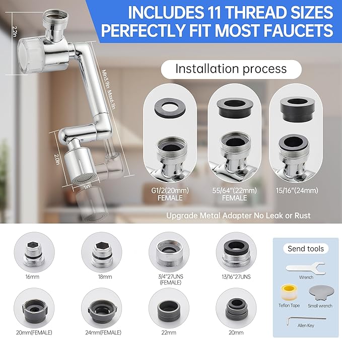 YYKBZ 1440° Rotating Sink Water Filter Faucet Extender Aerator, 2 Mode Swivel For Bathroom/Kitchen Skin Face Eye Wash,Brass Long Arm Extension For Toddlers,Multiple Adapters With 9pcs Filters
