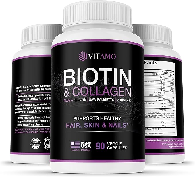 Vitamo Hair Growth Vitamins for Women | Hyaluronic Acid & 50,000 mcg B-Complex (B1, B2, B3, B6, B7) | Biotin and Collagen | Keratin – Advanced Supplement for Hair, Skin & Nails | 90 Capsules
