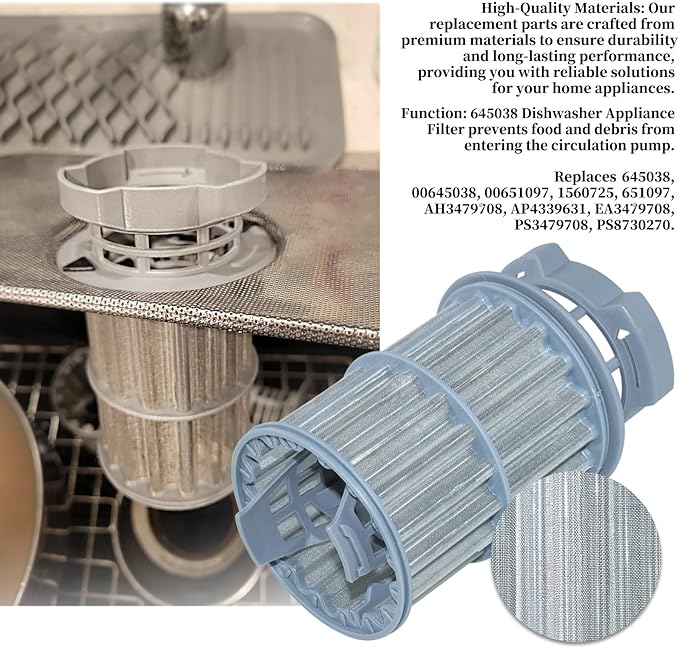 GELASKA Dishwasher Micro Filter Replaces 00645038, 00651097, 645038, 651097, AP4339631, 1560725, AH3479708, EA3479708, PS3479708, Grey, 1 Pack