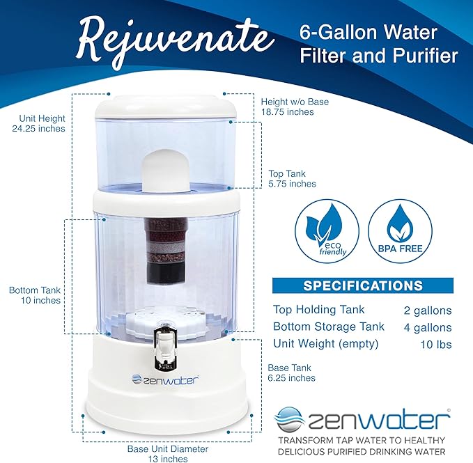 6-Gallon Countertop Gravity Water Filter System - Portable Alkaline Filtration System - Enjoy Clean and Mineral-Rich Hydration at Home, Office, or Travel