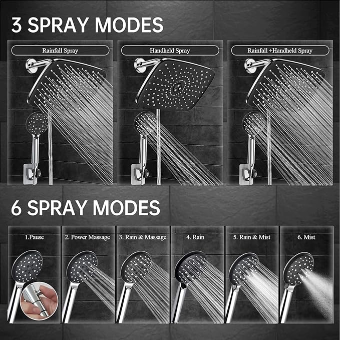 Veken 11.8 Inch High Pressure Rain Shower Head -Shower Heads with 5 Modes Handheld Spray Combo- Wide RainFall shower with 70" Hose & Bracket- Adjustable Dual Showerhead with Anti-Clog Nozzles - Chrome