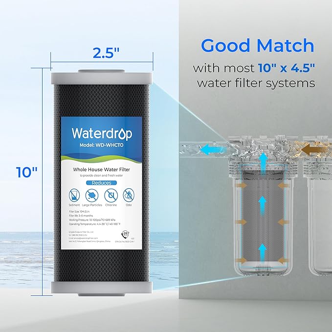 Waterdrop Whole House CTO Carbon Sediment Water Filter Cartridge Replacement for GE® FXHTC, GXWH40L, W10-PR, Culligan® RFC-BBSA,10"X4.5", 5 Micron, 1Pack