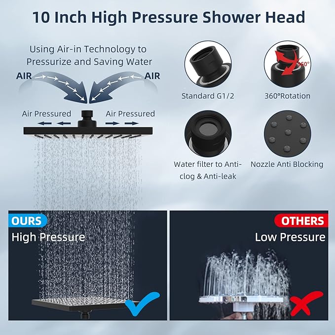 Hibbent 10 Inch High Pressure Rainfall Shower Head/Handheld Showerhead Combo with 12 Inch Adjustable Curved Shower Extension Arm,7-Spray,71-inch Hose Adhesive Showerhead Holder,Matte Black
