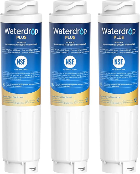 Waterdrop Plus 644845 NSF 401&53&42 Certified Refrigerator Water Filter, 𝐑𝐞𝐝𝐮𝐜𝐢𝐧𝐠 lead and 𝐏𝐅𝐀𝐒, Replacement for Bosch® 11034152, 9000077104, UltraClarity® REPLFLTR10, 3 Filters